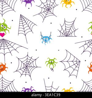 Motif sans couture en toile d'araignée. Toile d'araignée avec dessin au crayon d'araignées. Personnages drôles d'insectes d'halloween. Imprimé créatif pour le design textile Illustration de Vecteur