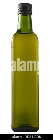 grande bouteille en verre vert carré avec fond blanc isolé de bouchon à vis noir, récipient pour huile d'olive ou liquide sain, vue avant de la maquette Banque D'Images