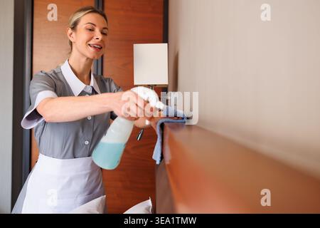 Femme de ménage professionnelle d'hôtel nettoyant étagère en bois avec vaporisateur dans la chambre moderne Banque D'Images
