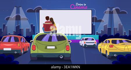 Film de conduite de couple. Date romantique de théâtre de cinéma drive-in, femme d'amour regardant la nuit de film de festival en plein air parking de voiture extérieur scène de théâtre d'écran, illustration vectorielle classe illustration originale Illustration de Vecteur