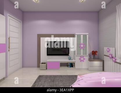 Décoration intérieure minimaliste et moderne de meuble TV pour les filles, blanc et violet, avec des touches de similibois. Banque D'Images