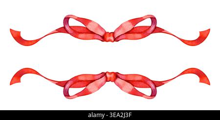 Illustration à l'aquarelle dessinée à la main de deux élégants noeuds en soie rouge avec des rubans fluides. Cet ensemble décoratif présente des textures satinées réalistes et Banque D'Images