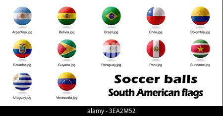 Ballons de football avec drapeaux de pays d'Amérique du Sud affichés en rangées sur fond blanc, y compris le Brésil, l'Argentine et le Chili avec des couleurs vives Banque D'Images