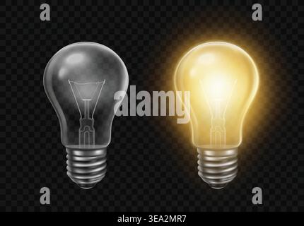 Ensemble de vecteur d'ampoule réaliste avec lampes incandescentes incandescentes lumineuses et non éclairées, fond transparent, ampoules en verre 3D avec base de vis métallique et effet d'éclairage chaud. Illustration de Vecteur