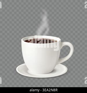 Tasse à café avec vapeur sur soucoupe, tasse en céramique blanche 3D réaliste avec café noir chaud, illustration vectorielle aromatique de boisson matinale isolée sur fond transparent. Illustration de Vecteur