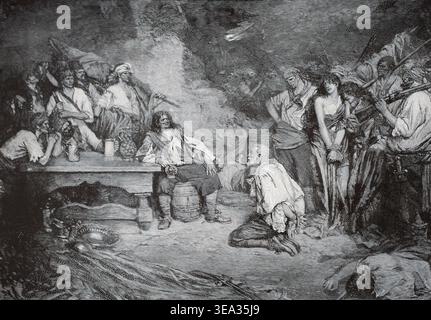Morgan avec un prisonnier, Sir Henry Morgan (Harri Morgan ; 1635 – 1688) était un corsaire gallois, propriétaire de plantation et lieutenant-gouverneur de la Jamaïque. Banque D'Images
