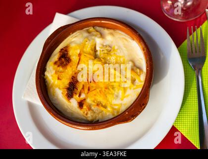 Cannelloni traditionnel farci à la viande hachée cuite dans une sauce béchamel avec fromage râpé Banque D'Images