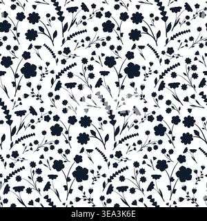 Des fleurs stylisées sombres et diverses feuilles minuscules forment un motif répétitif sans couture sur un fond blanc éclatant. Illustration de Vecteur