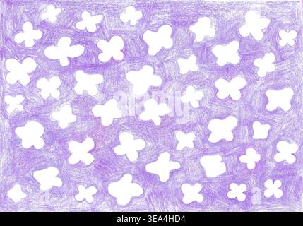 Modèle sans couture dessiné à la main avec des silhouettes de fleurs blanches sur fond de crayon violet. Fleurs de différentes tailles, forme simple avec quatre pétales. Floraison printanière. Conception pour tissu, papier peint, cartes. Banque D'Images