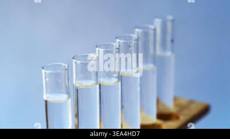 Gros plan de plusieurs tubes à essai en verre contenant des échantillons liquides transparents dans un rack de laboratoire en bois. Banque D'Images
