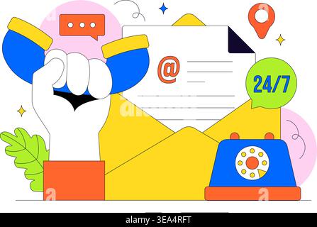 Contactez-nous illustration support client avec Twenty four Seven Hours Hotline communication par e-mail et conception de l'assistance du centre d'assistance en ligne Illustration de Vecteur