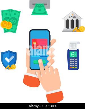 Une illustration professionnelle des fonctionnalités bancaires mobiles, y compris les transactions en ligne, la sécurité et les services financiers. Illustration de Vecteur