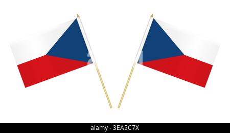 Deux petits drapeaux de la République tchèque isolés sur fond blanc, illustration vectorielle. Drapeau de la Tchéquie sur le pôle Illustration de Vecteur