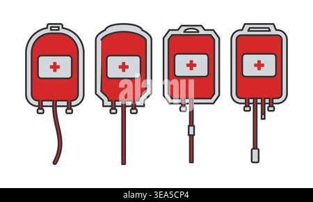 Illustration vectorielle présentant quatre types de poches de sang utilisées dans les milieux médicaux et hospitaliers. Parfait pour les soins de santé, don de sang, transfusion, laboratoire Illustration de Vecteur