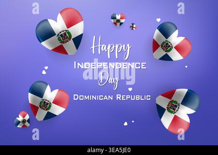 Carte colorée sur le thème des coeurs en 3D pour le jour de l'indépendance de la République dominicaine avec drapeau national aux couleurs parfaites pour les célébrations patriotiques Illustration de Vecteur