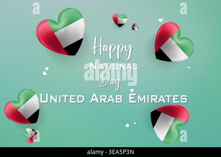 Carte colorée sur le thème des coeurs en 3D pour le jour de l'indépendance des Émirats arabes Unis avec drapeau national aux couleurs parfaites pour les célébrations patriotiques Illustration de Vecteur