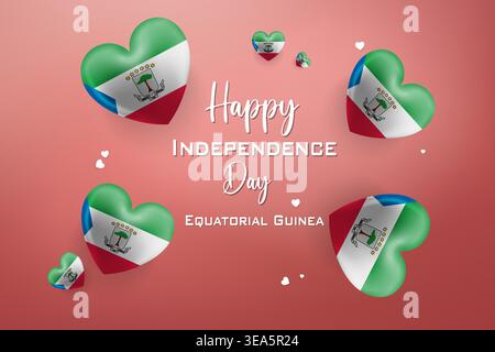 Carte colorée sur le thème des coeurs en 3D pour le jour de l'indépendance de la Guinée équatoriale avec drapeaux nationaux aux couleurs parfaites pour saluer les célébrations patriotiques Illustration de Vecteur