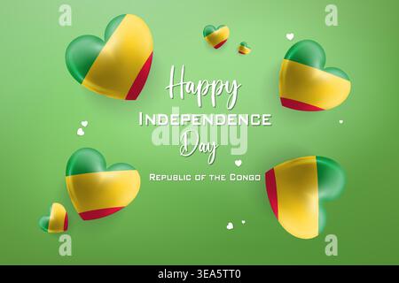 Carte colorée sur le thème des coeurs en 3D pour le jour de l'indépendance de la République du Congo avec les couleurs du drapeau national parfait pour les célébrations patriotiques Illustration de Vecteur