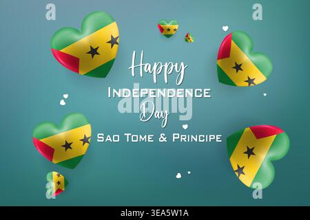 Carte colorée sur le thème des coeurs en 3D pour le jour de l'indépendance de Sao Tomé-et-principe avec les couleurs du drapeau national, parfaite pour les célébrations patriotiques Illustration de Vecteur