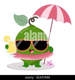 Mignon et heureux Lime fruit Cartoon caractère profitant de la plage tout en buvant du jus de fruits frais Illustration de Vecteur