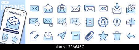 E-mail, icônes de ligne de communication définies. Enveloppe, boîte de réception, avion de papier, notification de courrier, carnet d'adresses, pièce jointe, message sécurisé vecteur minimal Illustration de Vecteur