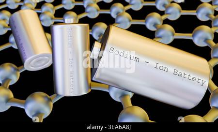 rendu 3d d'une batterie argent-sodium-ion debout sur un réseau de nanofeuille de graphène Banque D'Images