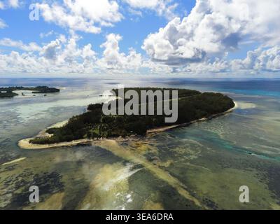Vue aérienne de l'atoll de poivre avec une végétation tropicale dense et des récifs coralliens vibrants entourés par les eaux turquoises de l'océan Indien Seychel Banque D'Images