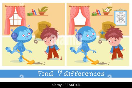 Vecteur éducatif pour enfants trouver 7 différences jeu avec robot mignon et inventeur garçon dans une chambre confortable. La scène de dessin animé colorée affiche des jouets d'affiches techniques Illustration de Vecteur