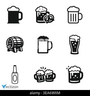 Ensemble d'icônes de bière et de brassage, silhouette noire isolée sur blanc. Signe ou logo de clipart de pochoir vectoriel pour la conception de pub ou Octoberfest. Tasse en bois de bière, épingle Illustration de Vecteur