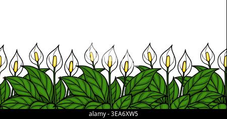 Blanc Calla Lily Flowers et Green Leaves Vector Banner Seamless Pattern Illustration de Vecteur
