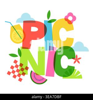 Lettrage de pique-nique vectoriel coloré avec verre à boire, plaid, symboles de pastèque. Typographie amusante colorée pour invitations d'été, cartes, fête en plein air. Illustration de Vecteur