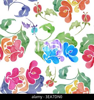 Motif aquarelle sans couture avec des fleurs folkloriques stylisées vibrantes, des feuilles vertes. Fond floral botanique lumineux pour textile, décor etnic, vecteur EPS. Illustration de Vecteur