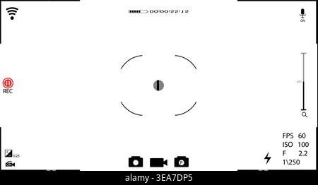 Illustration vectorielle noire de l'interface du viseur de caméra avec icône d'enregistrement, batterie, wifi, microphone, fps, iso et paramètres d'exposition Illustration de Vecteur