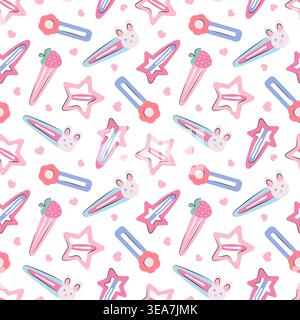 Modèle sans couture avec des pinces à cheveux mignonnes pour fille. Épingles à cheveux décoratives, accessoire de cheveux avec lapin, fraise, étoile, forme de fleur. Fond de style Kawaii pour textile, papier d'emballage et produit de mode Illustration de Vecteur