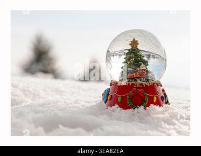 Arbre de Noël dans une boule de cristal avec de la neige, à l'extérieur avec de la vraie neige Banque D'Images