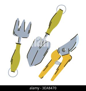 La truelle de jardin, la houe et les cisailles à élaguer sont des outils pour le jardinage, la plantation de graines et le contrôle des mauvaises herbes. Illustration vectorielle Illustration de Vecteur