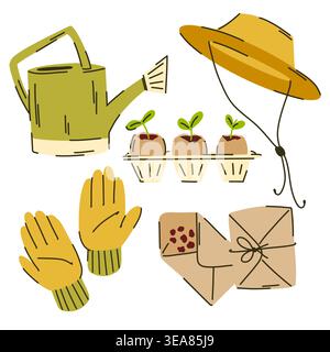 Un kit de jardinage pour débutant, comprenant un chapeau Panama, un arrosoir, des semis en coquilles d'œufs, des gants de jardin et des graines pour la plantation. Illustration de Vecteur