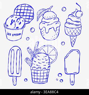 Le dessin de la ligne bleue montre diverses friandises de crème glacée. Des pelles, des cônes, des popsicles et des bols à gaufres sont esquissés. Style simple et ludique parfait pour l'été ou Illustration de Vecteur