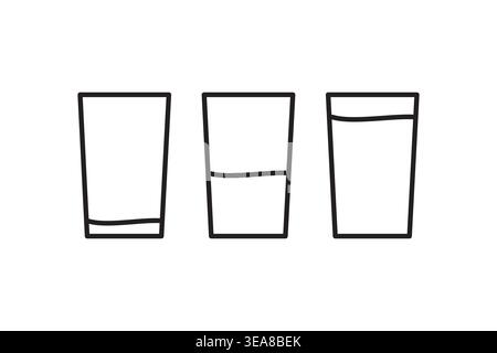 Une illustration vectorielle claire présente un ensemble de verres, représentant des étapes de vide à mi-plein et complètement rempli, représentant la mesure du volume Illustration de Vecteur