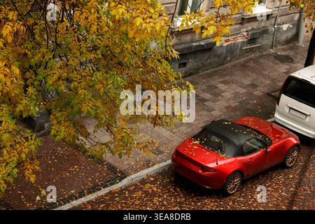 Une perspective descendante capture un cabriolet rouge vif et un van blanc garé le long d'une rue pavée ornée de feuilles jaunes et brunes tombées Banque D'Images