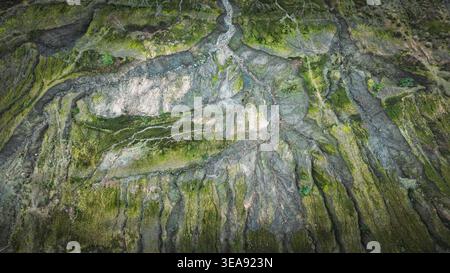 Vue aérienne présentant un paysage vibrant de roches couvertes de mousse et de ruisseaux sinueux créant un réseau complexe de motifs naturels. Banque D'Images