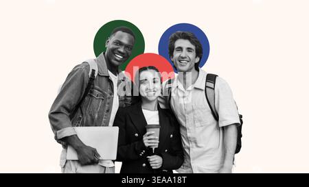 Groupe d'amis posant ensemble dans un collage montrant la joie et l'amitié dans un cadre joyeux Banque D'Images