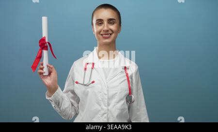 Femme médecin tient le rouleau de diplôme attaché avec ruban rouge et porte le stéthoscope en studio ; fierté de réalisation. Banque D'Images