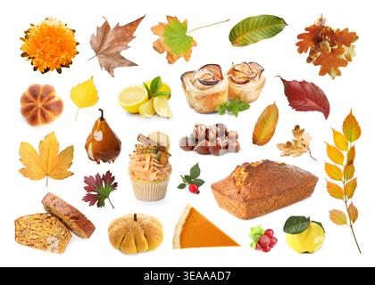 Collage d'ambiance d'automne avec des desserts de saison et des feuilles sur fond blanc Banque D'Images