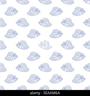 Modèle sans couture avec des chapeaux de soleil dans le style de ligne bleue sur fond blanc. Imprimé vêtements de plage contour. Illustration de Vecteur