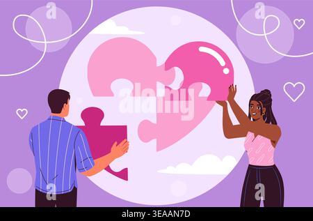 Les gens avec le puzzle de l'amour. L'homme et la femme assemblent le coeur à partir de pièces de puzzle. Jeune couple en bonne relation amoureuse. Collaboration et coopération Illustration de Vecteur