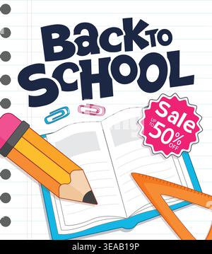Retour à l'école voeux typographie clipart conception d'affiche. Retour à l'école vente et texte de voeux dans le fond de papier de cahier avec crayon, règle Illustration de Vecteur