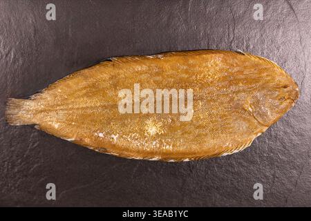 Un poisson plat est placé sur une surface sombre avec sa peau tournée vers le haut. Ce poisson est prêt pour la cuisson et est vu tôt le matin avant le repas préparati Banque D'Images