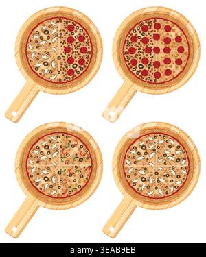 Illustration vectorielle aérienne de quatre pizzas différentes sur des planches de service en bois avec des garnitures colorées. Illustration de Vecteur