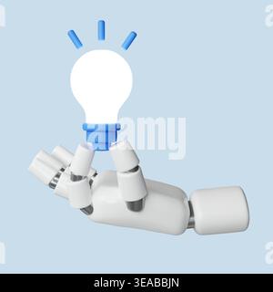 Rendu 3D de la main robotique IA tenant une ampoule, symbolisant l'intelligence artificielle, l'innovation et les idées Banque D'Images